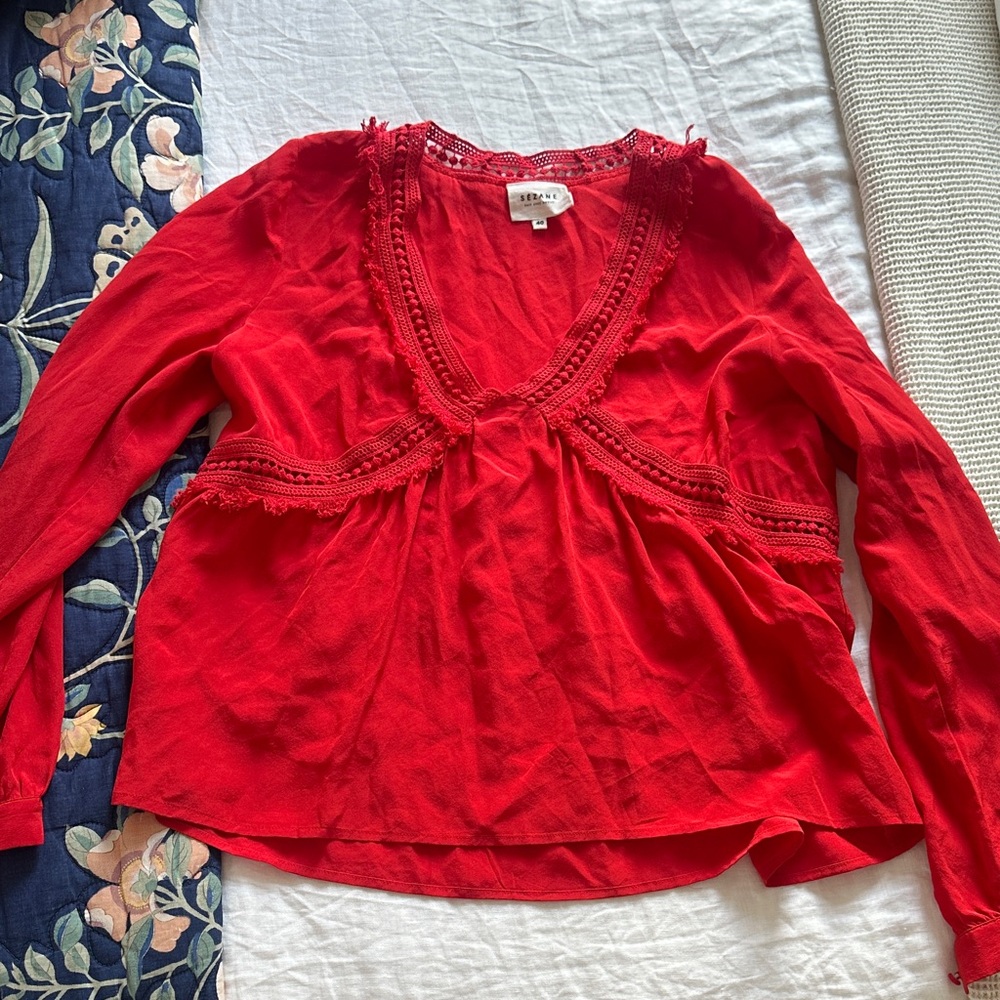 Sezane Red Blouse with Lace Details